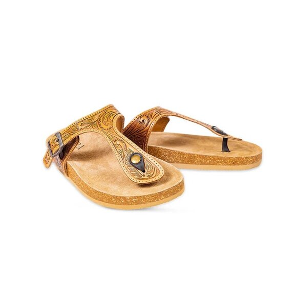 Myra Shoes - Myra Sadie Mesa Hand-Tooled Sandals Size 7 Vacation Casual Aztec Western Leather